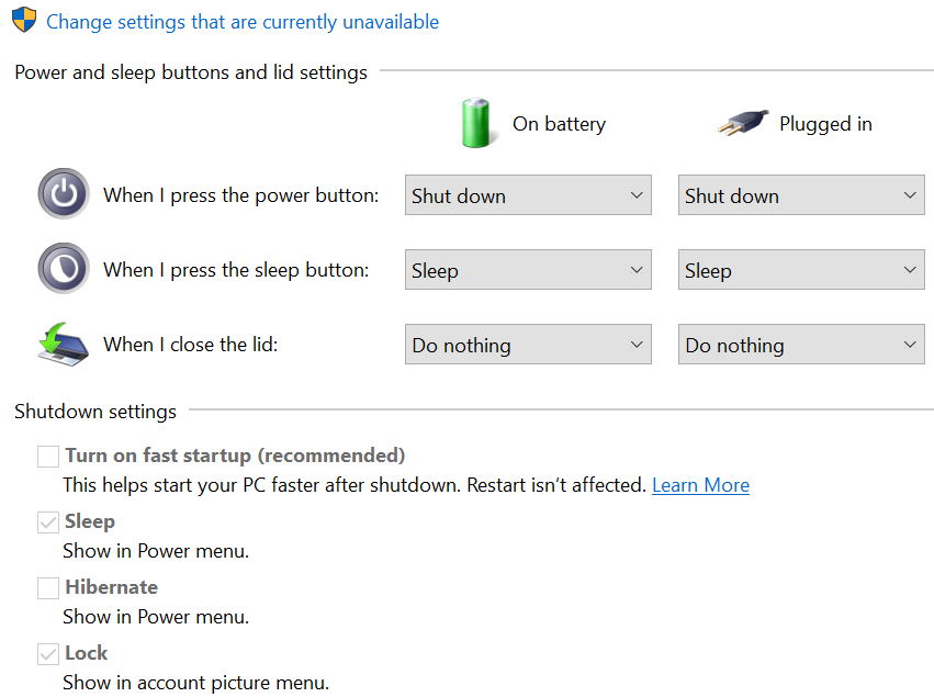 windows power options